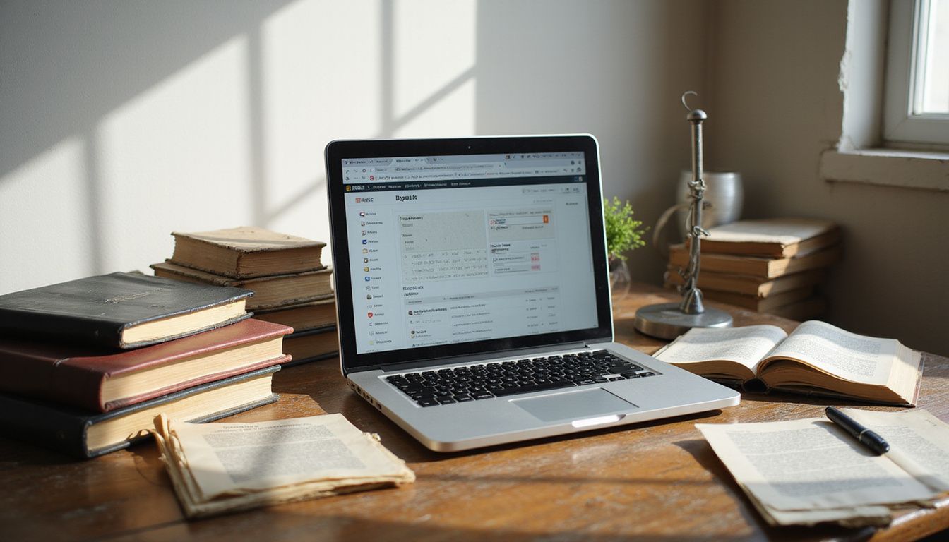 An aged laptop displays a website's backlink profile on a wooden desk. An aged laptop displays a website's backlink profile on a wooden desk.