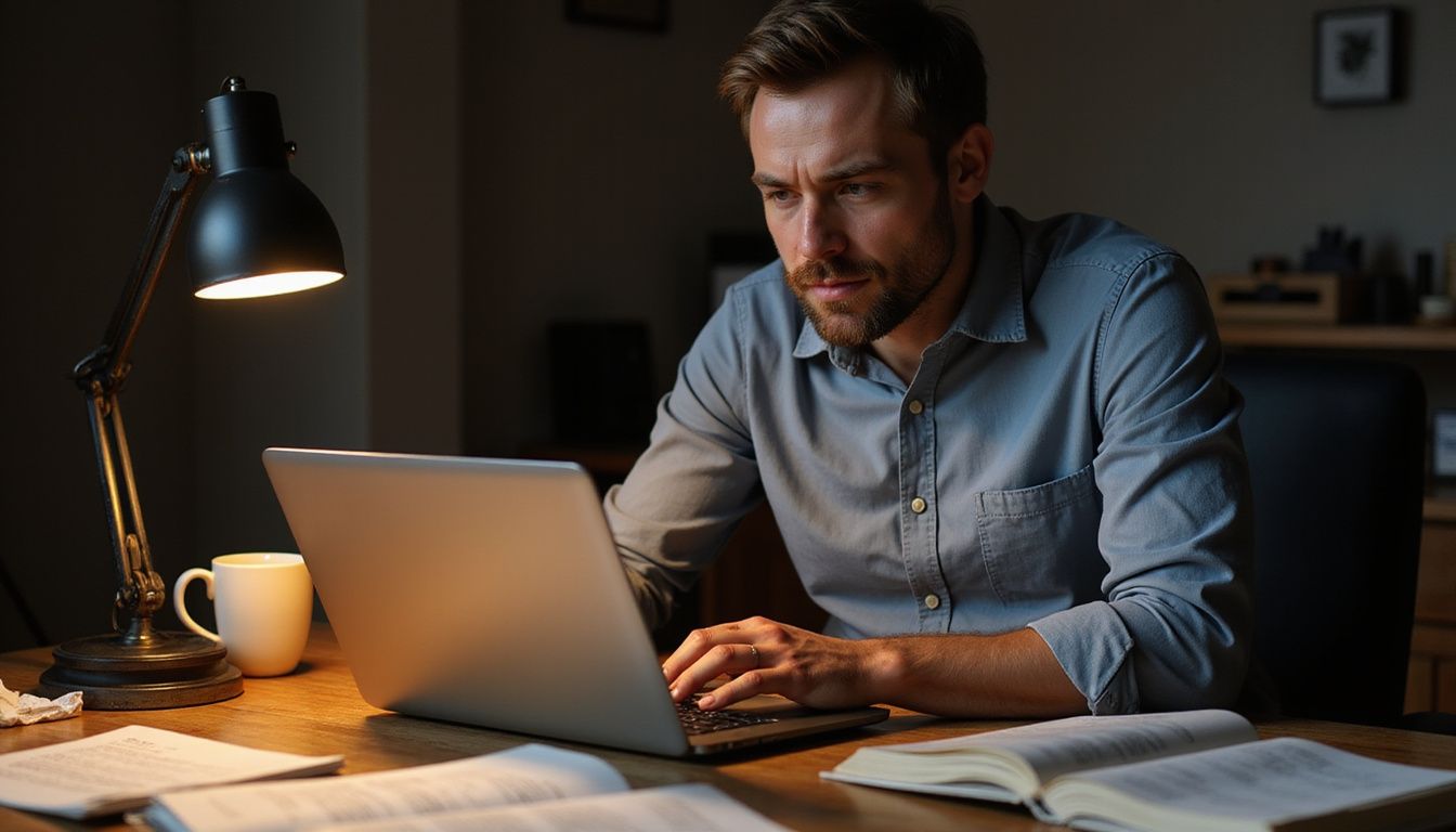 A focused man struggles with SEO tasks at his cluttered desk.